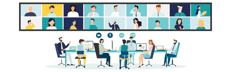 Online Virtual Meetings. Work from Home WFH During Coronavirus COVID-19 Pandemic Outbreak. Teleconference TV. Video Conference Webinars or Remote Working. Vector.