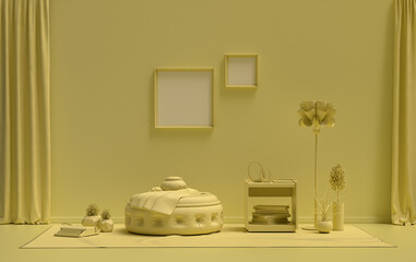 Gallery wall with 2 frames, in monochrome flat single light yellow color room with furnitures and plants,  3d Rendering