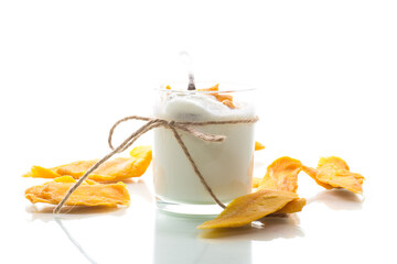 homemade sweet yogurt in a glass with mango
