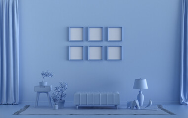 Mock-up poster gallery wall with six frames in solid pastel light blue room with furnitures and plants, 3d Rendering