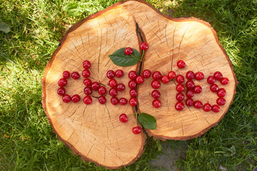 The word "cherry" made from fresh ripe cherries on a cut wooden stump with a crack and tree rings texture. Berries laid out in the form of letters. Summer time. Particles of art.