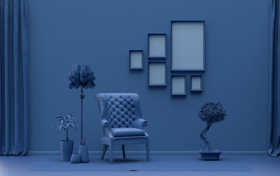 Wall Mockup With Six Frames In Solid Flat  Pastel Dark Blue Color, Monochrome Interior Modern Living Room With Furnitures And Plants, 3d Rendering