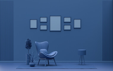 Mock-up poster gallery wall with 7 frames in solid pastel dark blue room with furnitures and plants, 3d Rendering