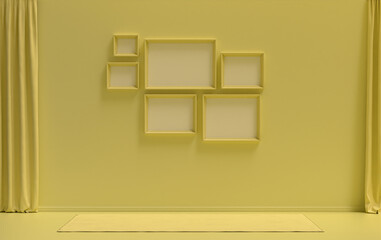 Wall mockup with six frames in solid flat  pastel light yellow color, monochrome interior modern living room without furniture and empty, 3d rendering