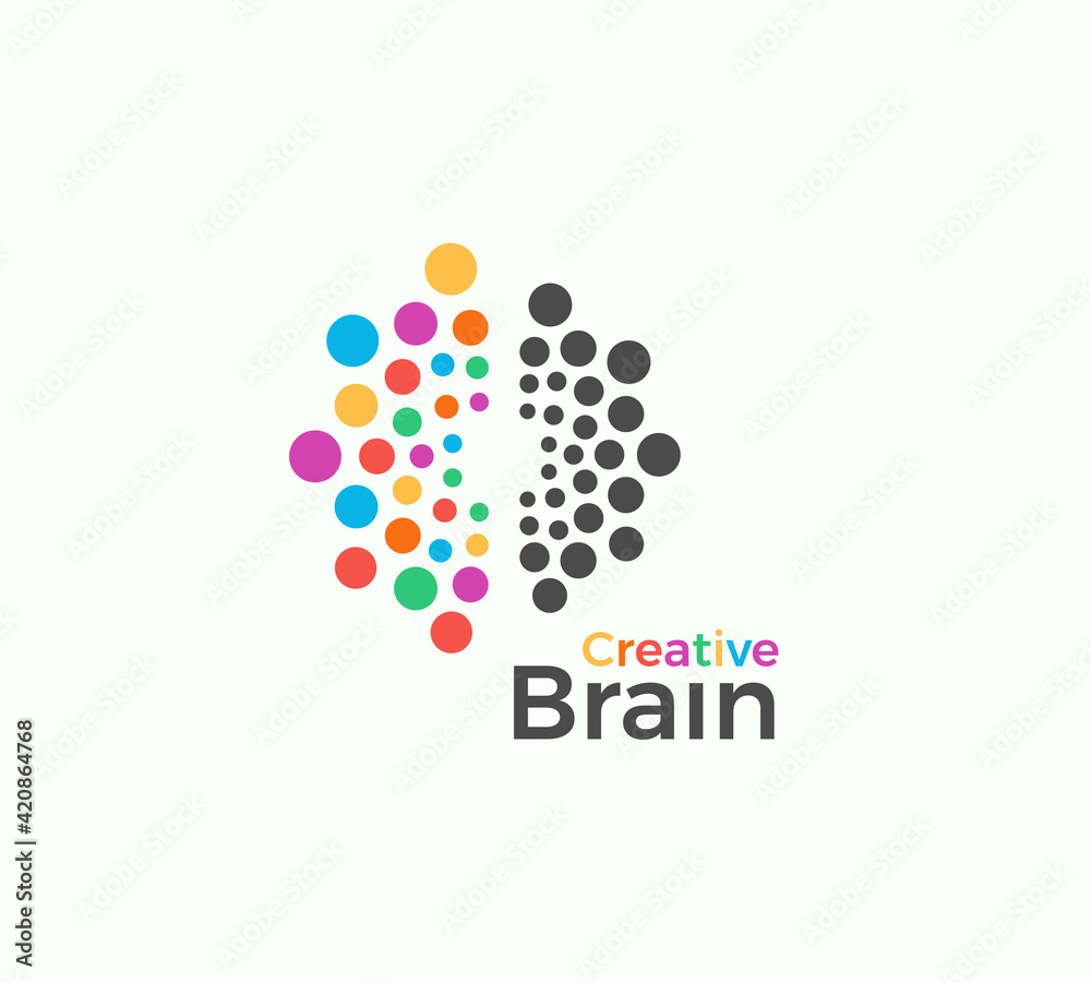 Poster creative brain vector logo template in colored dots style. creative imagination, inspiration abstrac