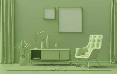 Double Frames Gallery Wall in light green color monochrome flat room with furnitures and plants, 3d Rendering