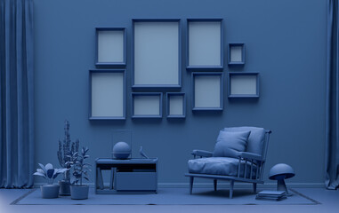 Modern interior flat dark blue color room with furnitures and plants, gallery wall template with 9 frames on the wall for poster presentation, 3d Rendering