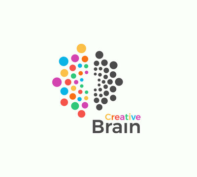 Creative Brain vector logo template in colored dots style. Creative imagination, inspiration abstract icon on white background. Left and right brain hemispheres vector illustration for creativity art