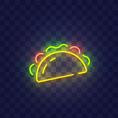 Taco neon sign isolated, bright signboard. Taco icon neon, emblem. Vector illustration