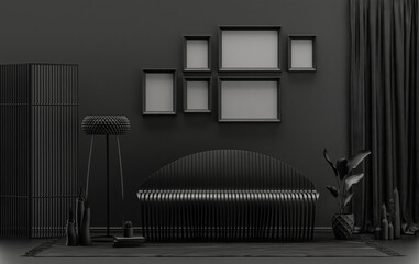 Naklejka premium Poster frame background room in flat black and dark gray color with 6 frames on the wall, solid monochrome background for gallery wall mockup, 3d rendering