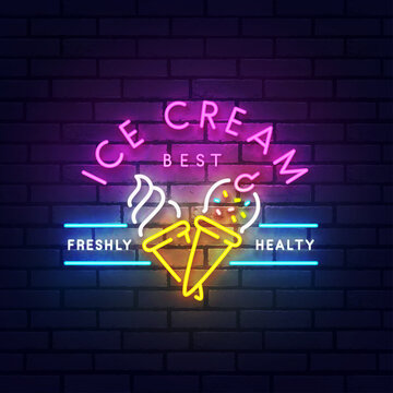Ice cream neon sign, bright signboard, light banner. Ice cream logo neon, emblem. Vector illustration