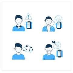 Information overload flat icons set. Consists of continuous partial attention, information explosion, Fake info, anxiety. Vector illustrations