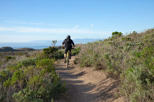 Man riding mountain bike away from camera on dirt trail with sage brush on each side and ocean on the horizon. 