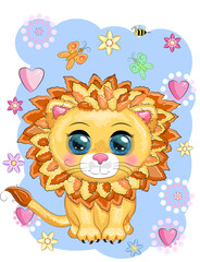 Cartoon lion with expressive eyes. Wild animals, character, childish cute style