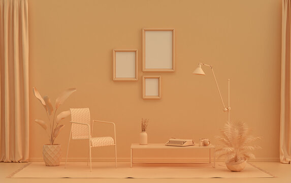 Gallery wall with three frames, in monochrome flat single orange pinkish color room with furnitures and plants,  3d Rendering
