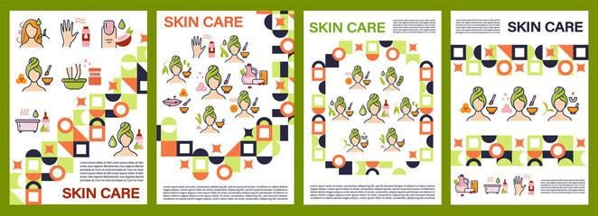 Fototapeta na wymiar DIY natural skincare brochures. Facial beauty treatment templates. Flyers, magazines, posters, book covers, booklets. Organic care concept. Layouts illustrations pages with icons