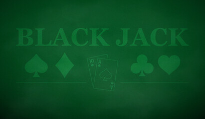 Black Jack table background in green color. Green cloth gambling field. - obrazy, fototapety, plakaty