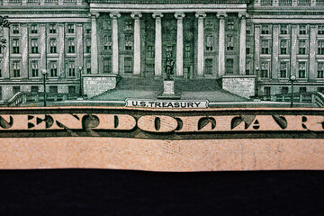 Selective focus on detail of 10 dollars banknote. Close up macro detail of money banknotes, dollars...