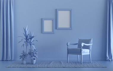 Double Frames Gallery Wall in light blue monochrome flat room with single chair and plants, 3d Rendering
