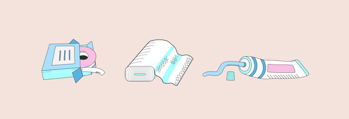 First Aid Kit. Vector illustration, background isolated. A set of medical materials.