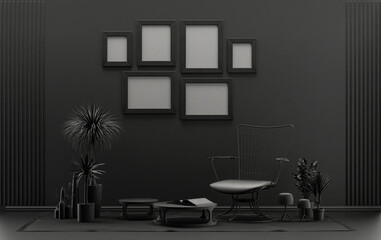 Wall mockup with six frames in solid flat  pastel black and dark gray color, monochrome interior modern living room with furnitures and plants, 3d rendering