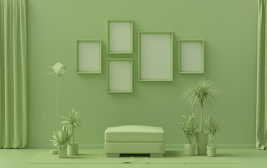 Single color monochrome light green color interior room with furnitures and plants,  5 poster frames on the wall, 3D rendering