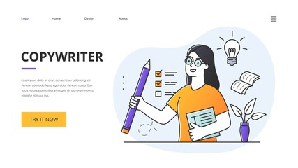 Copywriting concept with female copywriter holding a huge pencil