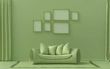 Poster frame background room in flat light green color with 6 frames on the wall, solid monochrome background for gallery wall mockup, 3d rendering
