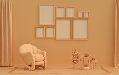 Modern interior flat orange pinkish color room with single chair and plants, gallery wall template with 9 frames on the wall for poster presentation, 3d Rendering