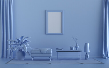 Single Frame Gallery Wall in light blue monochrome flat room with furnitures and plants, 3d Rendering