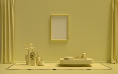 Naklejka na ściany i meble Single Frame Gallery Wall in light yellow color monochrome flat room with single chair and plants, 3d Rendering