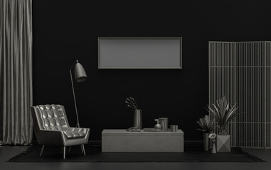 Single Frame Gallery Wall in black and metallic silver color monochrome flat room with furnitures and plants, 3d Rendering