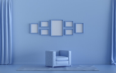 Mock-up poster gallery wall with 7 frames in solid pastel light blue room with single chair, without plant, 3d Rendering