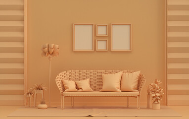 Single color monochrome orange pinkish color interior room with furnitures and plants,  4 poster frames on the wall, 3D rendering