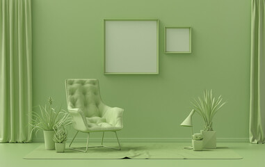 Double Frames Gallery Wall in light green color monochrome flat room with furnitures and plants, 3d Rendering