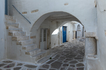 Naklejka premium Narrow street of the old town with, Parikia, Paros Island, Greece.