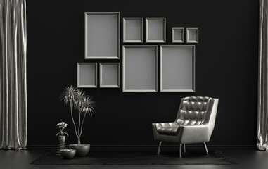 Modern interior flat black background and metallic silver color room with single chair and plants, gallery wall template with 9 frames on the wall for poster presentation, 3d Rendering