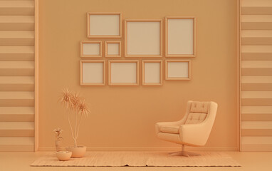 Modern interior flat orange pinkish color room with single chair and plants, gallery wall template with 9 frames on the wall for poster presentation, 3d Rendering