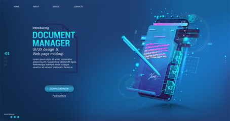 Document manager - Mobile Phone App for business. Signing a contract or agreement online. Digital signature concept using a pen on a phone or tablet display. E-signature and high level of protection