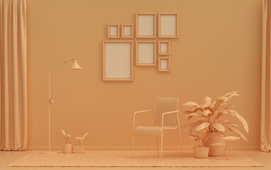 Modern interior flat orange pinkish color room with furnitures and plants, gallery wall template with eight frames on the wall for poster presentation, 3d Rendering