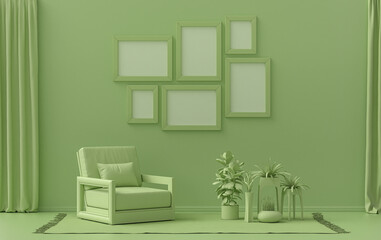 Wall mockup with six frames in solid flat  pastel light green color, monochrome interior modern living room with single chair and plants, 3d rendering