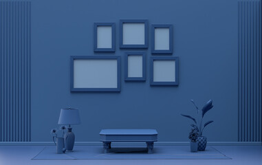 Poster frame background room in flat dark blue color with 6 frames on the wall, solid monochrome background for gallery wall mockup, 3d rendering