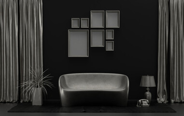 Modern interior flat black background and metallic silver color room with furnitures and plants, gallery wall template with eight frames on the wall for poster presentation, 3d Rendering