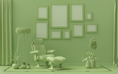 Modern interior flat light green color room with furnitures and plants, gallery wall template with 9 frames on the wall for poster presentation, 3d Rendering
