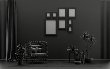 Modern interior flat black and dark gray color room with single chair and plants, gallery wall template with eight frames on the wall for poster presentation, 3d Rendering