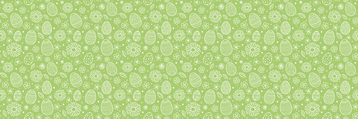 Concept of Easter pattern with hand drawn eggs and flowers. Banner. Vector