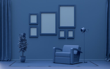 Mock-up poster gallery wall with six frames in solid pastel dark blue room with furnitures and plants, 3d Rendering