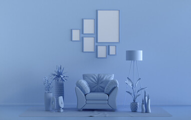 Wall mockup with six frames in solid flat  pastel light blue color, monochrome interior modern living room with furnitures and plants, 3d rendering