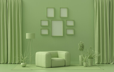 Mock-up poster gallery wall with six frames in solid pastel light green room with furnitures and plants, 3d Rendering