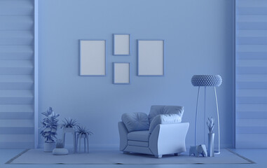 Interior room in plain monochrome light blue color, 4 frames on the wall with furnitures and plants, for poster presentation, Gallery wall. 3D rendering